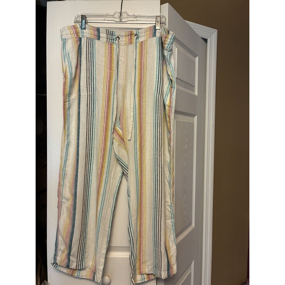 Per Se Womens XL Striped Linen Blend Drawstring Wide Leg Crop Pants